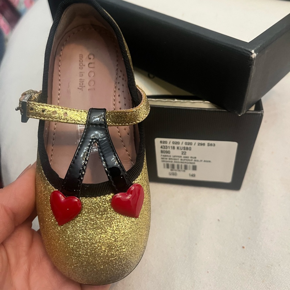 Gucci Kids Gold Dress Shoes with Black and Red Accents